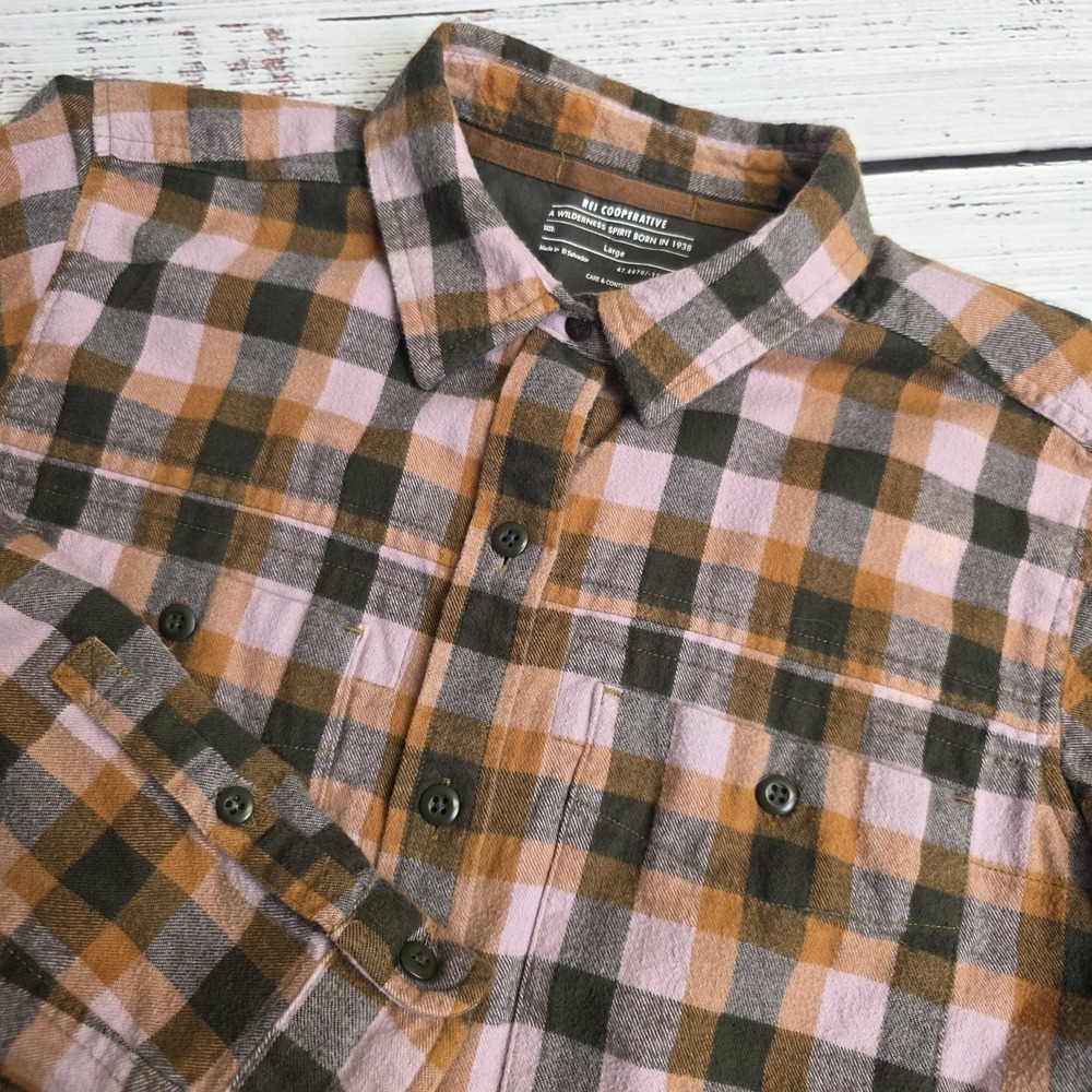 REI Co-op Wallace Lake Flannel Shirt Women's Large Plaid Cotton Outdoor Stain‎